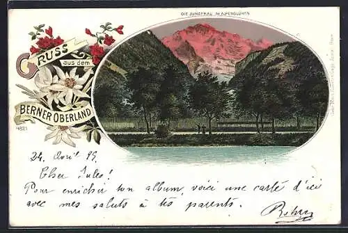 Lithographie Thun, Die Jungfrau im Alpenglühen
