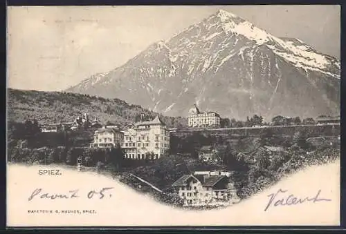 AK Spiez, Teilansicht mit Alpengipfel