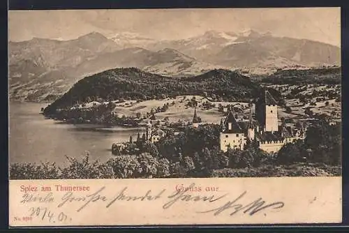 AK Spiez, Ortsansicht mit Schloss, Thunersee und Bergpanorama