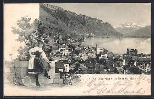 AK Montreux, Ortsansicht mit See, junges Mädchen in Tracht
