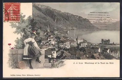 AK Montreux, Ortsnansicht gegen die Dents du Midi, Mädchen in Tracht
