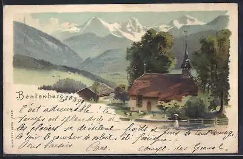 Lithographie Beatenberg, Partie an der Dorfkirche