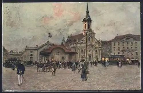 Künstler-AK Georges Stein: Bern, Reges Leben auf dem Bahnhofsvorplatz am Bahnhof