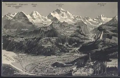 AK Interlaken, Harder Kulm, Umgebungskarte mit Gebirgspanorama