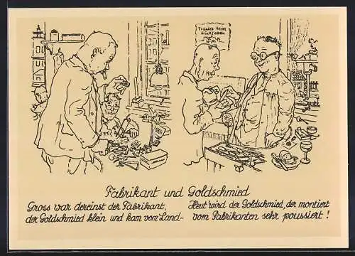 AK BRD Karikatur, Fabrikant und Goldschmied, einst und jetzt