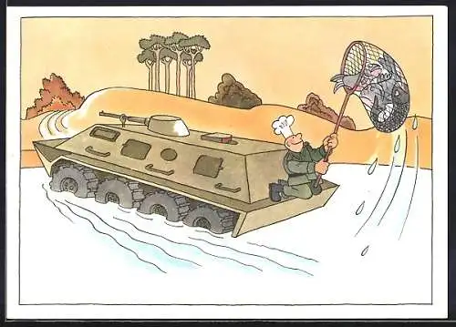 AK Serie: NVA, Koch sitzt auf Schützenpanzer und fängt Fische