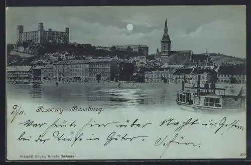Mondschein-AK Pressburg, Ortsansicht vom Wasser aus