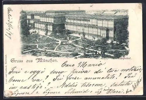 AK München, Glaspalast mit Strassenpartie