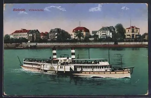 AK Biebrich / Moosburg, Dampfer MS Preussen auf dem Rhein, Villenviertel im Hintergrund