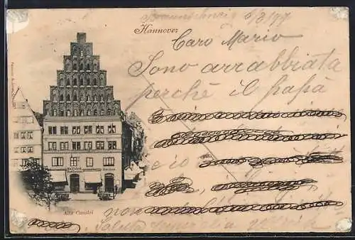 AK Hannover, Alte Canzlei / Hut-Fabrik Lampe aus der Vogelschau