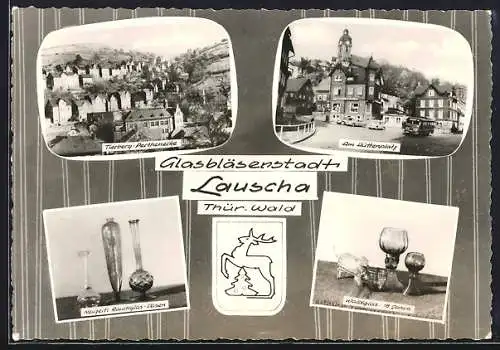 AK Lauscha, Neuzeitl. Rauchglas-Vasen, Waldglas 18. Jh., Partie am Hüttenplatz