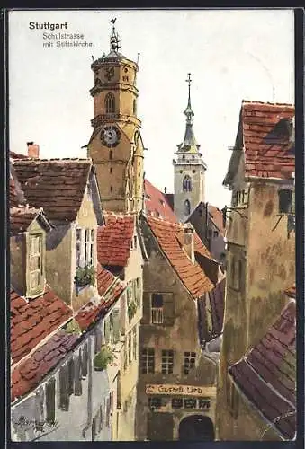 Künstler-AK J. Marschall: Stuttgart, Schulstrasse mit Stiftskirche