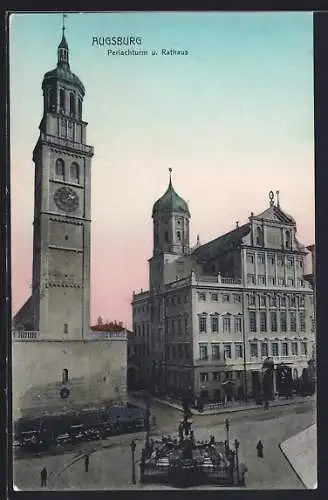 AK Augsburg, Perlachturm und Rathaus aus der Vogelschau
