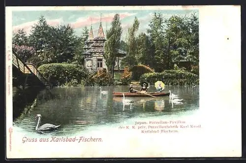 AK Karlsbad-Fischern, Japan. Porzellan-Pavillon d. K. k. priv. Porzellanfabrik Karl Knoll, Schwäne