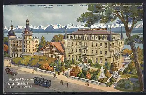 AK Neuchatel, Hotel Terminus et Hotel des Alpes, Strassenbahn