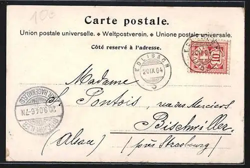 Lithographie Chocolat Suchard, Alphornspieler mit einem Hund, Noten und Text zu Der lustige Schweizerbue