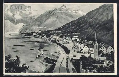 AK Flüelen, Gesamtansicht mit Hotels am Ufer des Vierwaldstättersees
