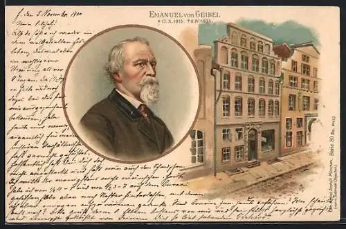 Lithographie Porträt Emanuel von Geibel, Wohnhaus