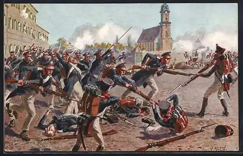 Künstler-AK O. Merte: Erstürmung des Grimmaischen Tores am 19. Oktober 1813 durch ostpreussisches Bataillon