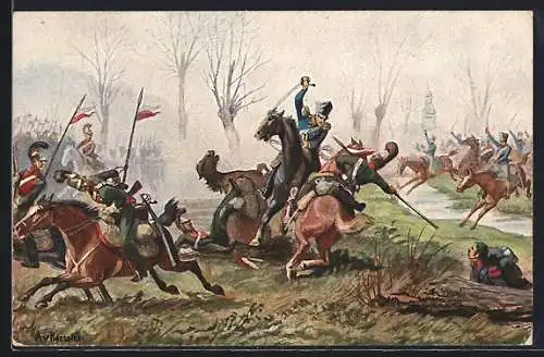 Künstler-AK Möckern, Preussische Reiterei bei Möckern 1813, Reichseinigungskriege