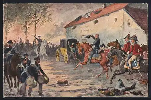 Künstler-AK A. Roeseler: Begegnung Blüchers mit Wellington nach der Schlacht bei Belle-Alliance 18.6.1815, Befreiungskri