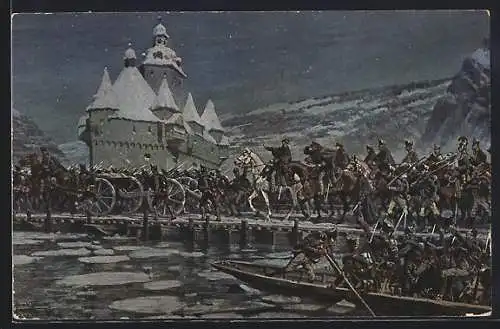 AK Blüchers Rheinübergang bei Caub in der Neujahrsnacht 1813