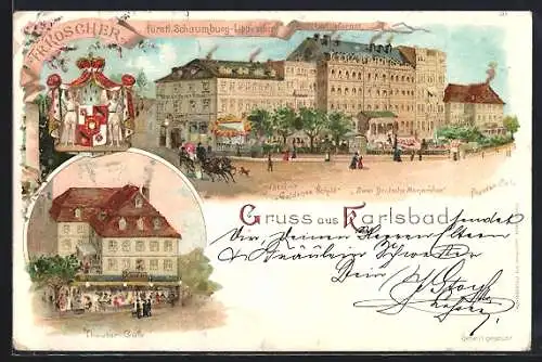 Lithographie Karlsbad, Hotels Goldenes Schild & Zwei Deutsche Monarchen, Theater-Café