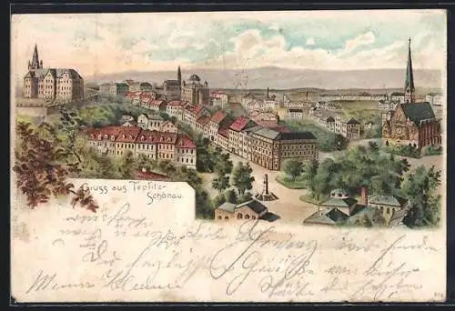 Lithographie Teplitz Schönau / Teplice, Ortsansicht