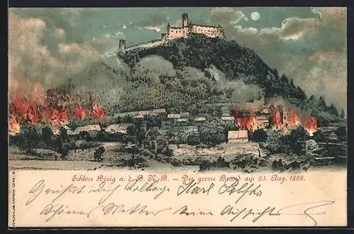 AK Schloss Bösig a.d.B., Der grosse Brand am 23. August 1898