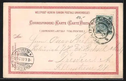 Lithographie Milleschauer / Donnersberg, Ortsansicht mit Hotel, Garten, Schuppen