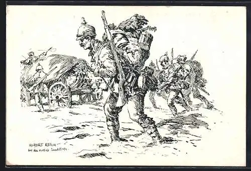 Künstler-AK sign. Albert Reich: Soldaten auf der serbischen Landstrasse