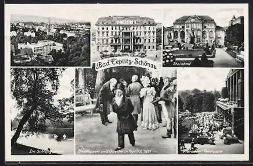 AK Teplitz Schönau / Teplice, Panorama, Steinbad, Kurhaus und Beethoven mit Goethe 1811