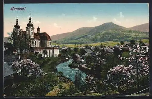 AK Haindorf / Hejnice, Teilansicht mit Wallfahrtskirche