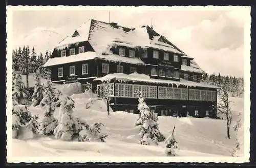 AK Johannisbad / Janske Lazne, Blick aufs Haus Schwarzschlagbaude im Winter