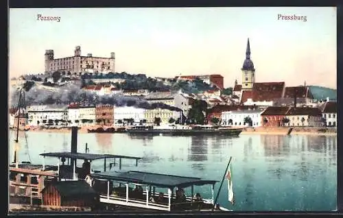 AK Pozsony-Pressburg, Donaupartie mit Dampfer