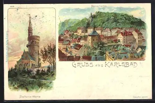 Lithographie Karlsbad, Panoramaansicht, Stephanie-Warte