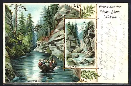 Lithographie Herrnskretschen / Hrensko, Kahnfahrt am Edmundsklamm