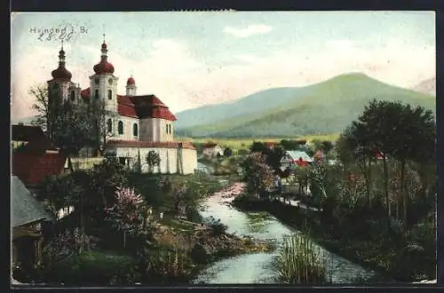 AK Haindorf-Hejnice, Ortspartie mit Kirche und Fluss