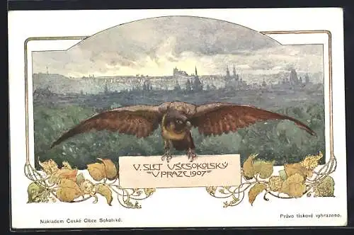 AK Prag, Sokol 1907, V. slet vsesokolsky v praze 1907, Adler mit Blick auf die Stadt