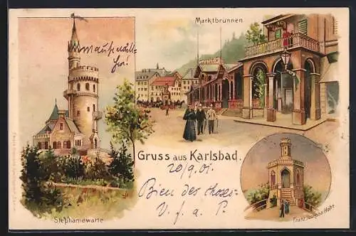 Lithographie Karlsbad, Marktbrunnen, Stephaniewarte, Franz Joseph`s-Höhe