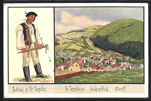 Künstler-AK Trencianske Teplice, Teilansicht Ein Bursche mit Axt