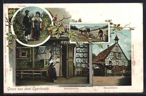 AK Egerland, Bauernhaus, Bauernstube, Paar in Tracht