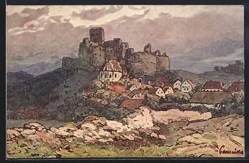 Künstler-AK Rabi, Ortsansicht mit Burgruine