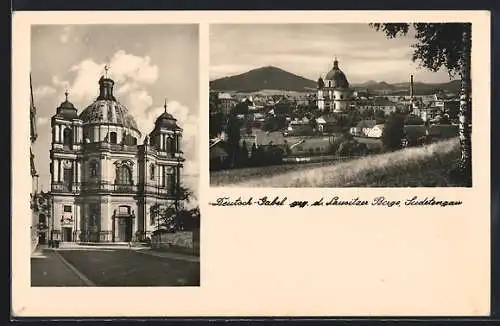 AK Deutsch Gabel / Jablone v Podjestedi, Teilansicht gegen die Lausitzer Berge und Erzdekanalkirche