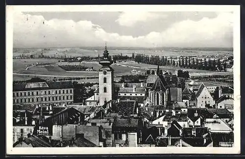 AK Budweis, Teilansicht mit Kirche aus der Vogelschau