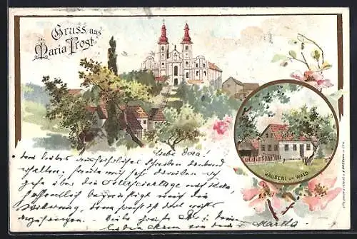 Lithographie Maria Trost, Häuserl im Wald, Strassenbahn und Schloss