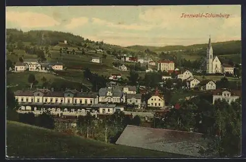 AK Tannwald-Schumburg, Blick auf Ort mit Kirche