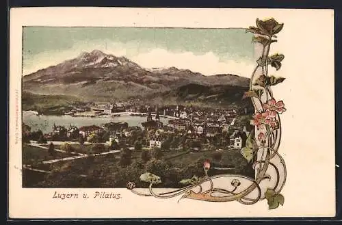 AK Luzern, Teilansicht mit Pilatus, Jugendstil-Passepartout