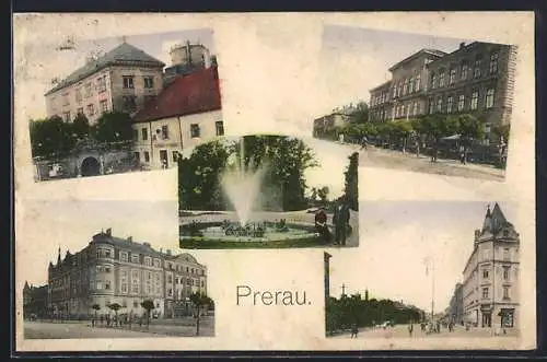 AK Prerau, Ortsansicht, Strassenpartie, Springbrunnen