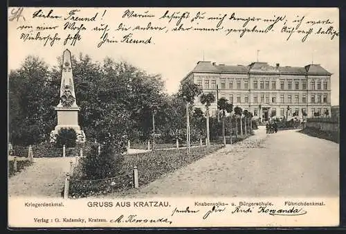 AK Kratzau, Knaben- und Bürgerschule, Kriegerdenkmal